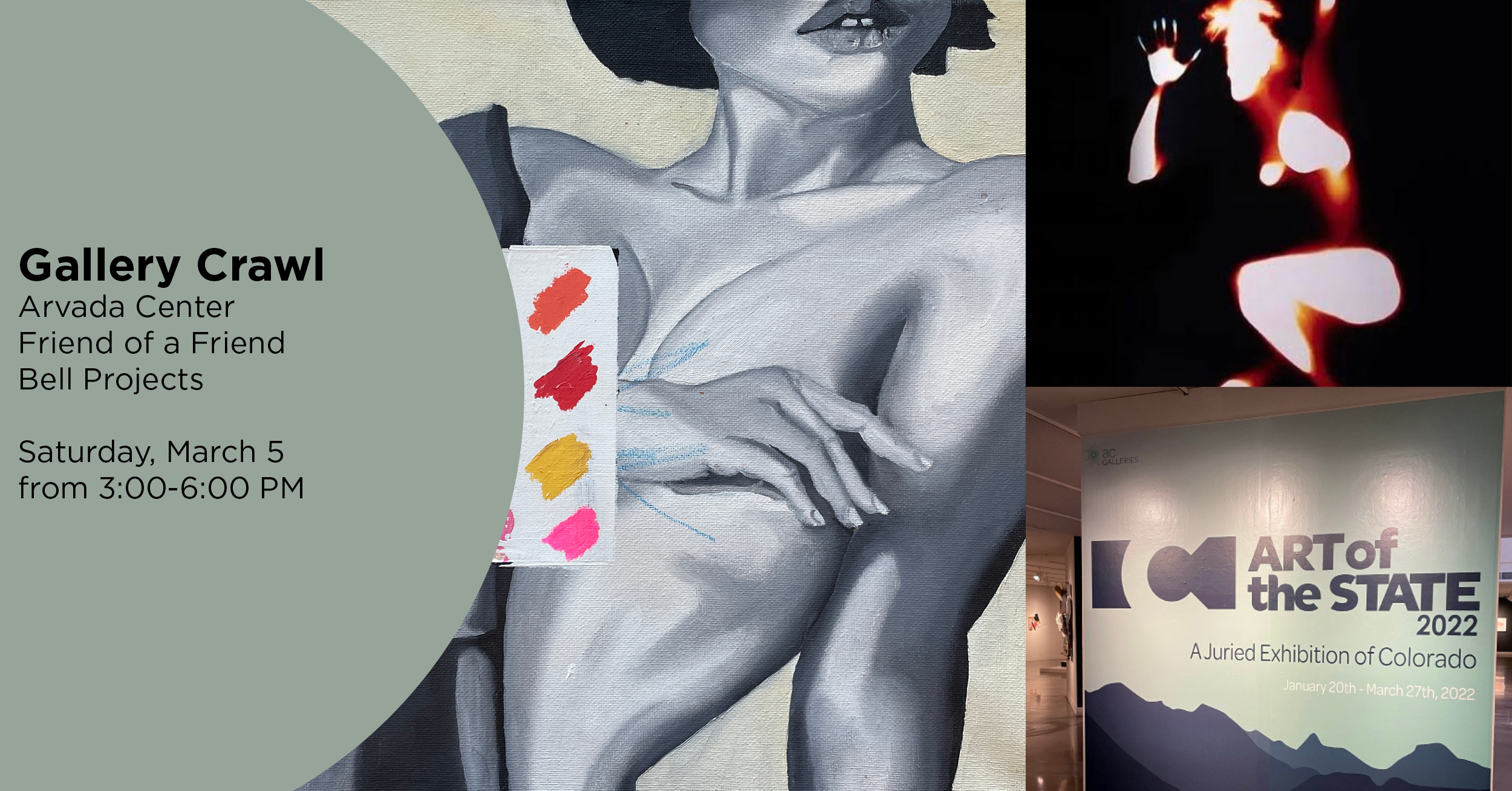 Collaged image of a female figure, a blurred figure, and Art of the State sign